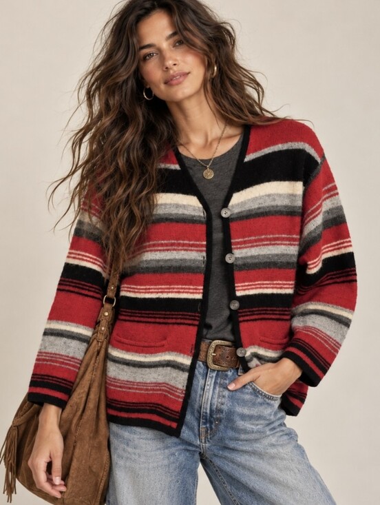 Susan Bristol Sweaters - Vtg Susan Bristol Wool Cardigan Sweater Red/Black Striped 90's Sz L Petite